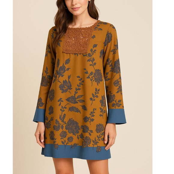 Altar'd State Dresses & Skirts - Altar'd State Golden and Blue Floral Long Sleeve Boho Dress with Crotchet Detail